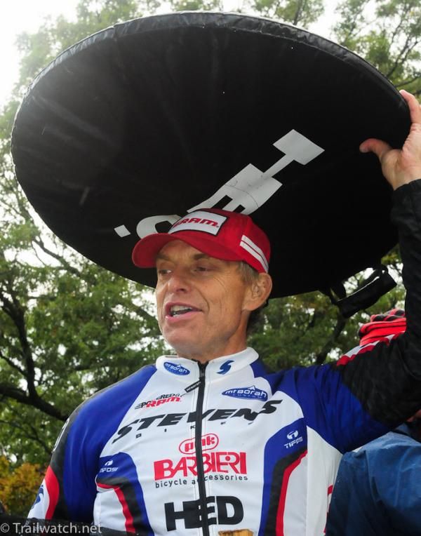 Dag Sealander finds that his wheel bag makes a great umbrella.