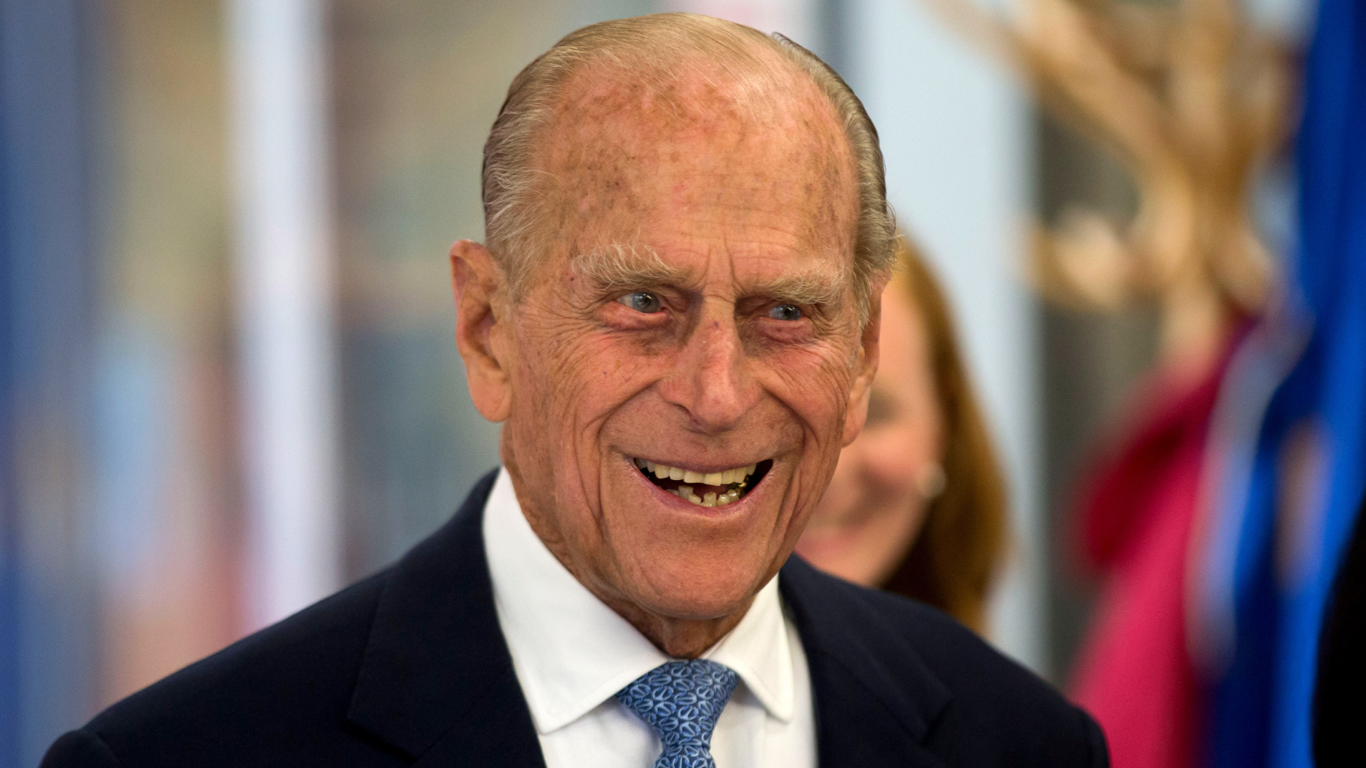 Prince Philip smiling during his visit to Richmond Adult Community College in Richmond on June 8, 2015