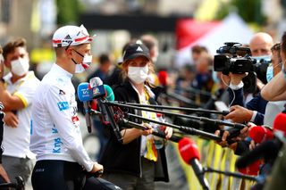 Tadej Pogacar (UAE Team Emirates) speaks the media at stage 3 of the Tour de France