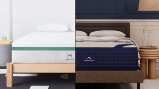 The image shows the Helix Twilight on the left and the DreamCloud Hybrid Mattress on the right in a side by side comparison 