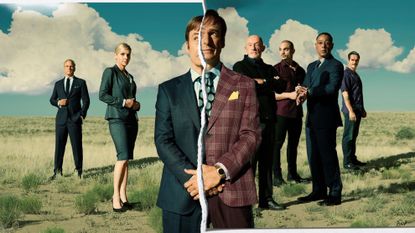 Better Call Saul Netflix TV show S6 promotional image featuring cast of characters standing on grass with blue sky overhead