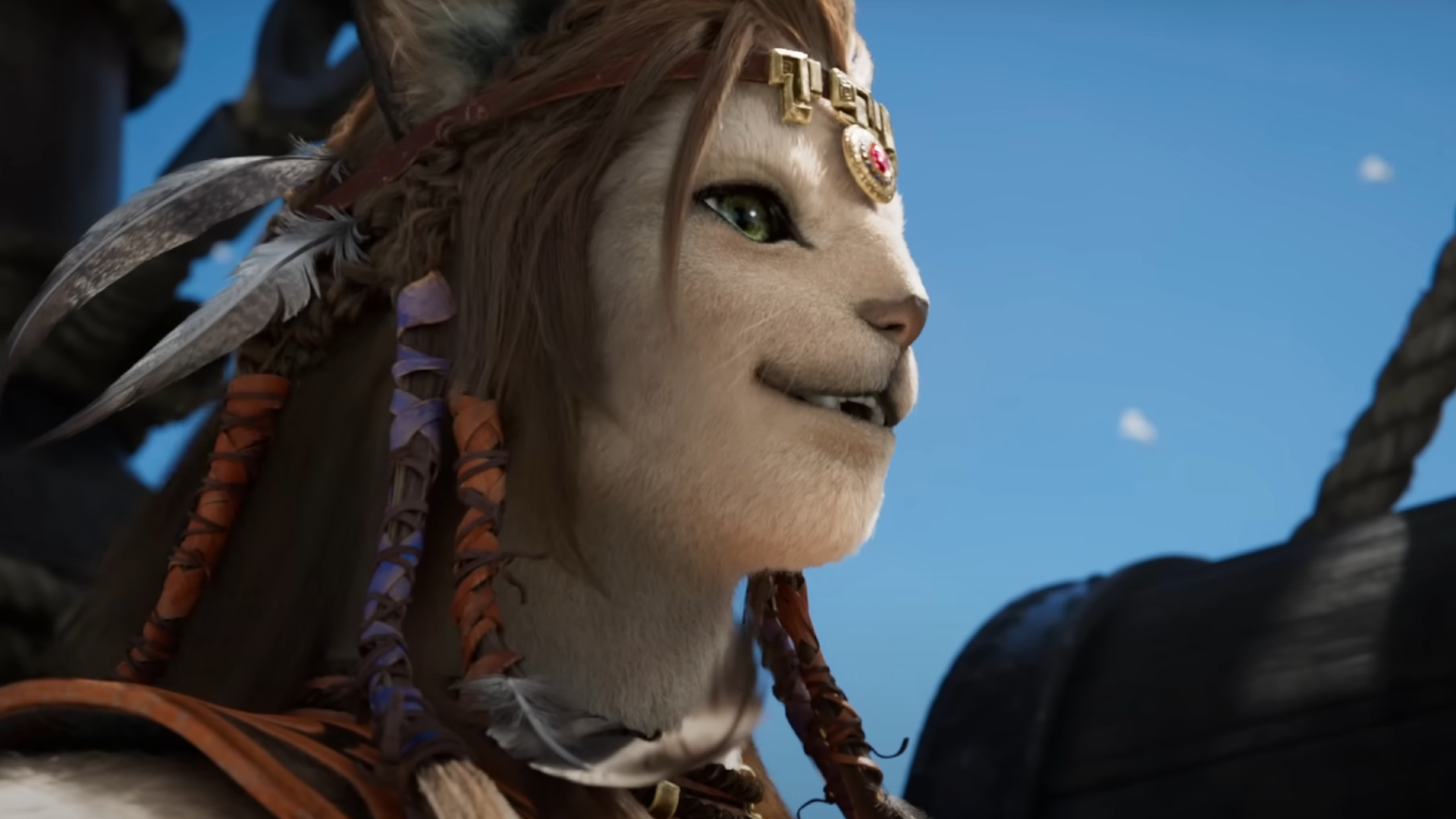An image of the first Hrothgar in Final Fantasy 14 smiling as she regards her home, Tural, in Dawntrail. She is a large lioness-like lady with a bright, optimistic expression: sailing under a clear blue sky.