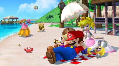 Mario Peach and Toadsworth lying on a beach