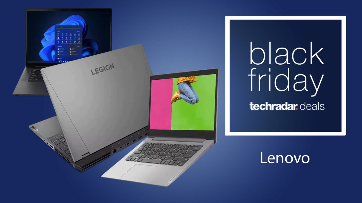 A composite image of various Lenovo 2022 laptops with text reading &quot;Black Friday Lenovo deals&quot;.