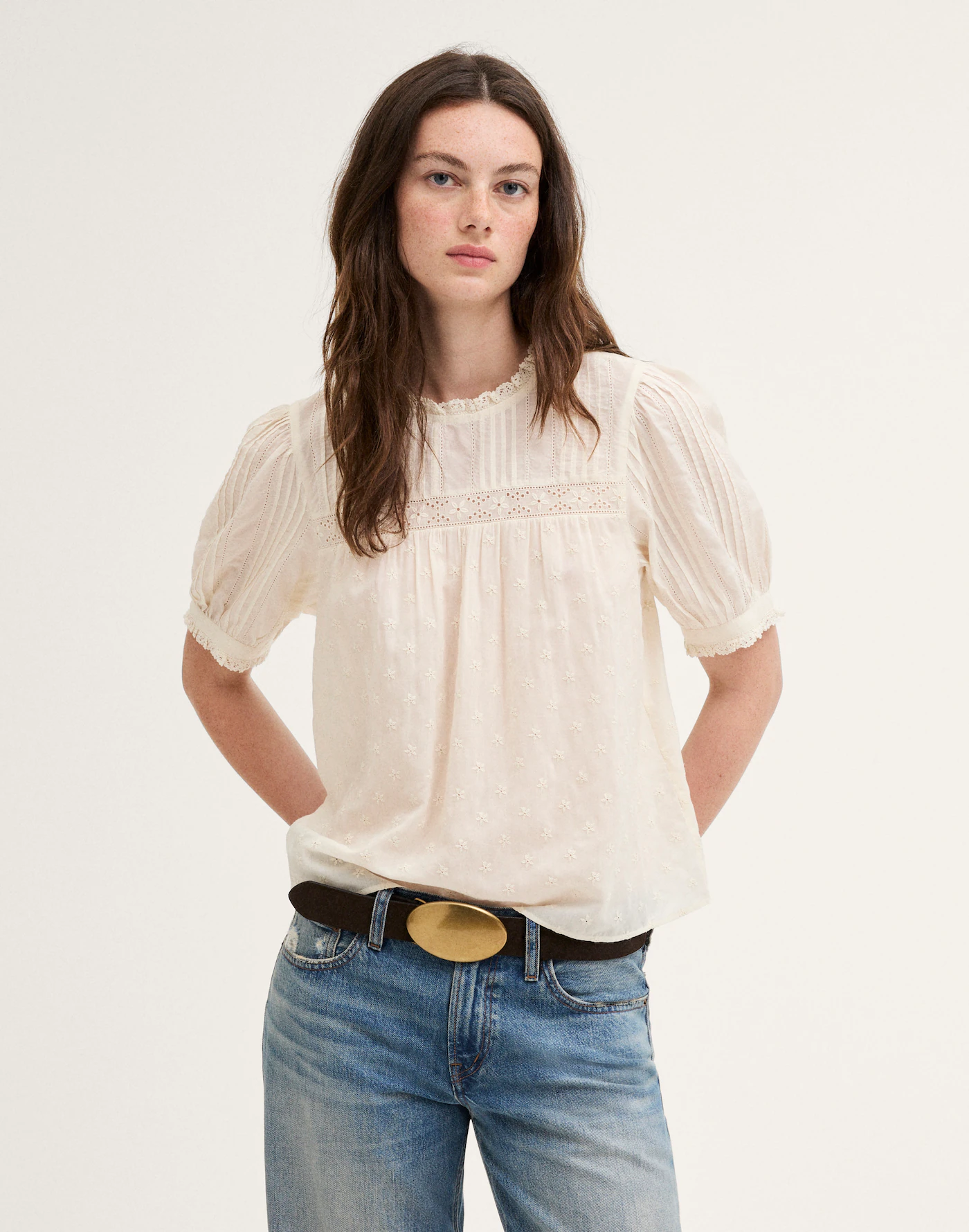 Embroidered Pintuck Crewneck Top