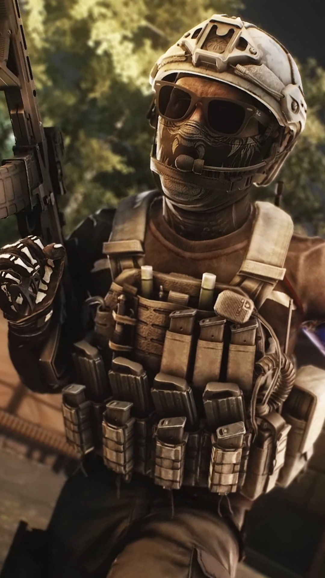 An Escape from Tarkov player wearing camo with face coverings, ammo-holding vest, and wielding a gun