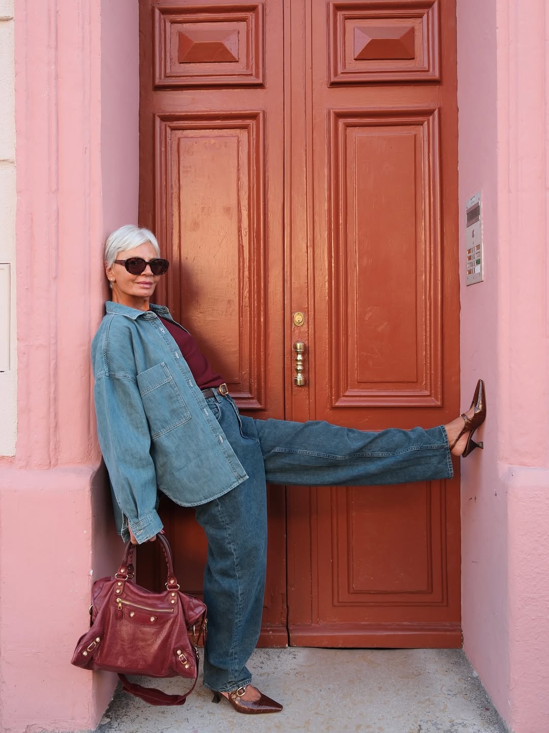 @greceghanem wears denim chore jacket and jeans