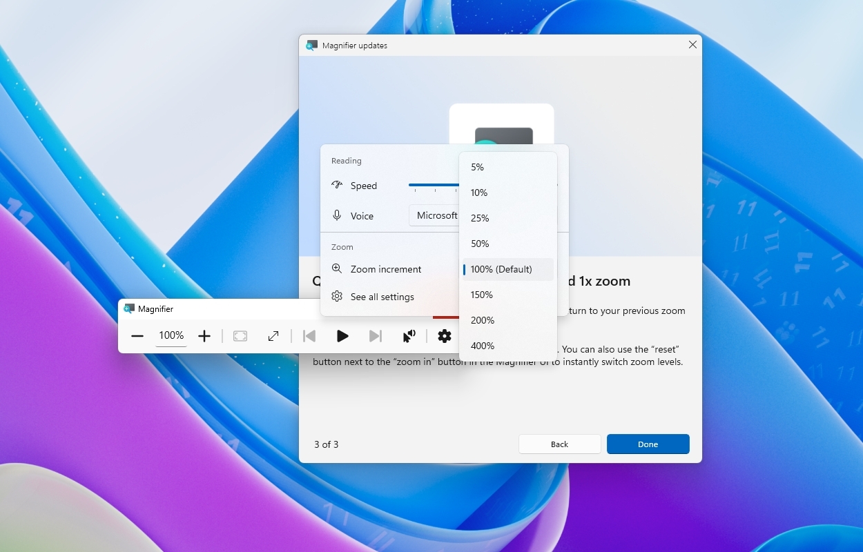 Windows 11 desktop with Magnifier new zoom controls