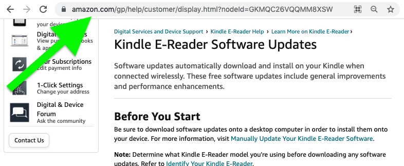 Страница обновления Amazon Kindle