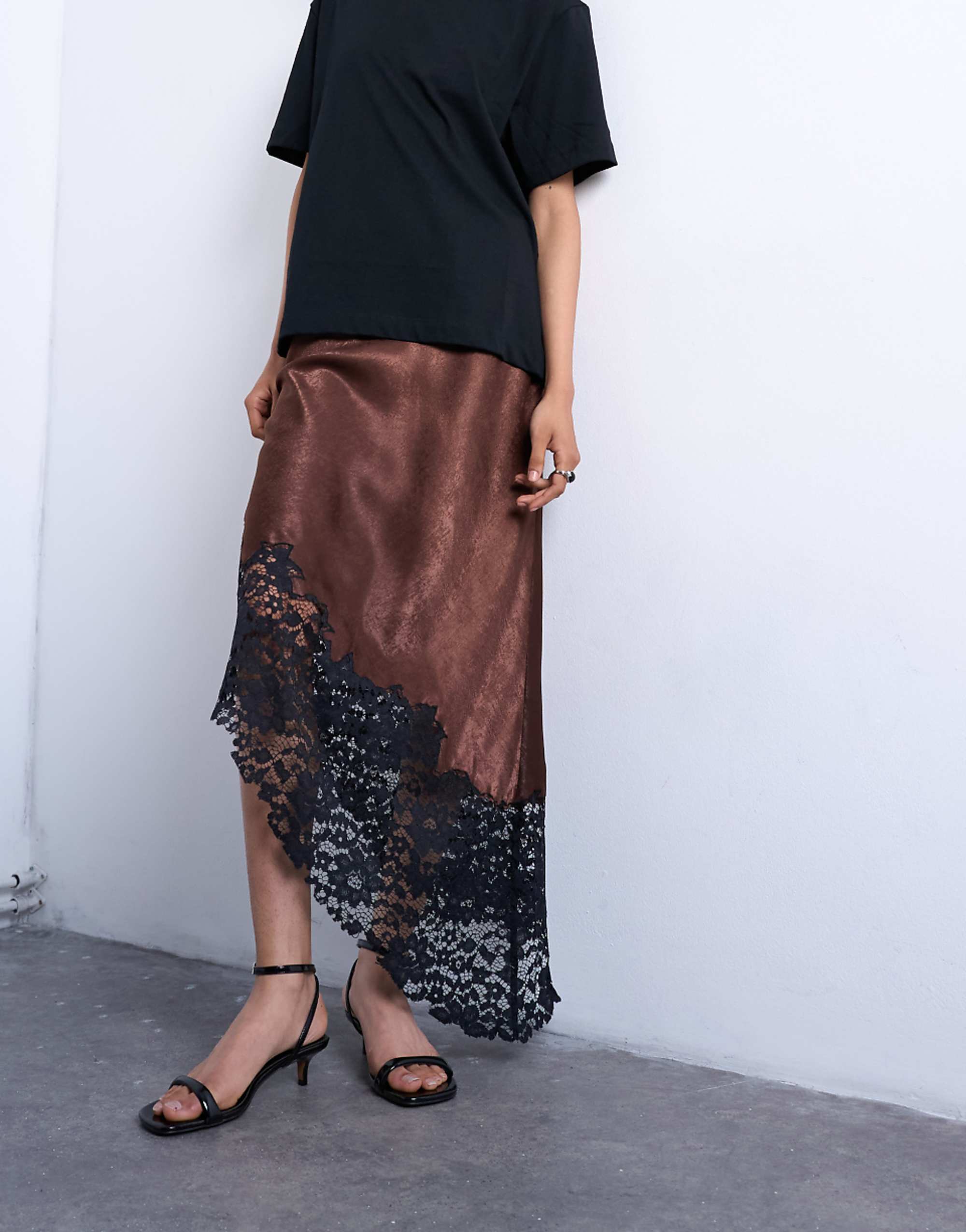 Topshop Satin Asymmetric Lace Hem Maxi Skirt in Chocolate