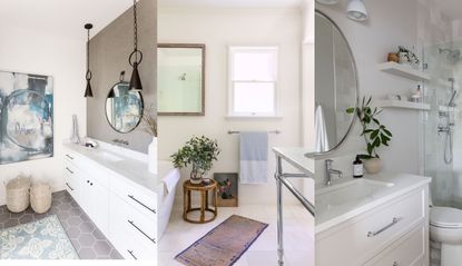 Trio of three neutral small bathrooms with white countertops