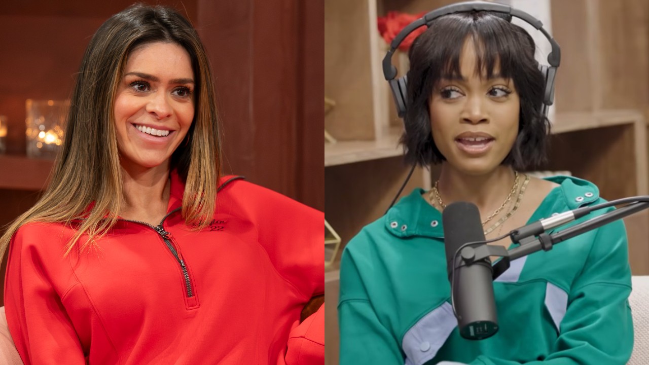 From left to right: A press image of Taylor Frankie Paul on The Bachelorette and Rachel Lindsay on Bachelor Happy Hour. 