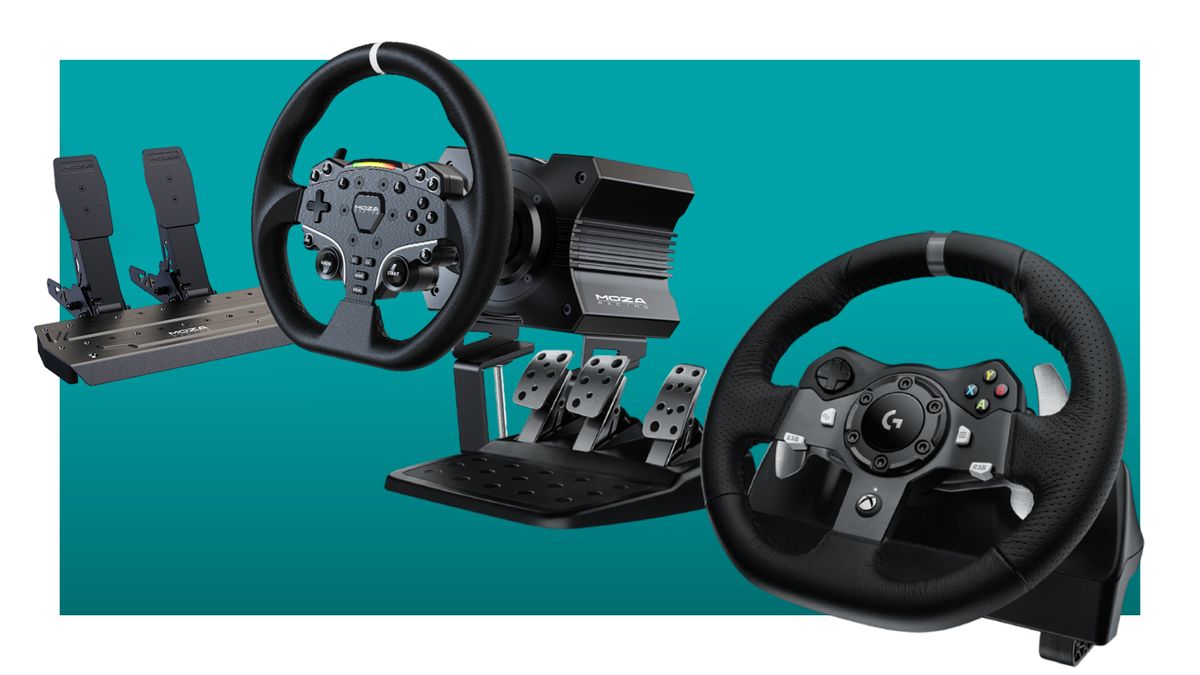 The Moza R5 bundle and Logitech G903 racing wheel and pedals on a teal deals background for Prime Day