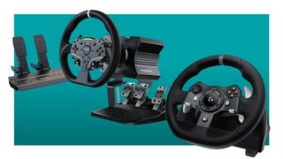 The Moza R5 bundle and Logitech G903 racing wheel and pedals on a teal deals background for Prime Day