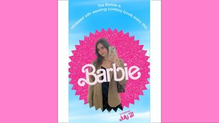 Lauryn in the Barbie movie poster generator/ on a pink background