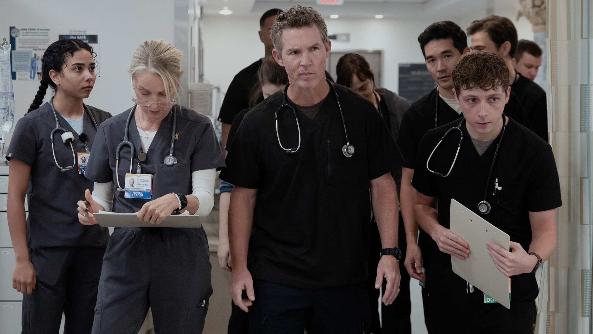 From left to right: La&euml;titia Hollard, Katherine LaNasa looking down and holding a clipboard, Shawn Hatosy, Ken Kirby, and Gerran Howell holding a clipboard.