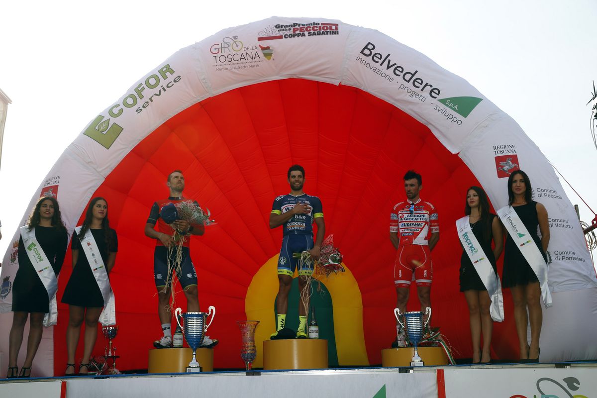 Andrea Pasqualon flanked by Sonny Colbrelli and Francesco Gavazzi on the Coppa Sabatini podium.