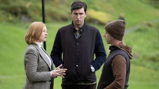 (l to r) Sarah Snook as Shiv, Nicholas Braun as Greg, Jeremy Strong as Kendall in Succession season 4 episode 5