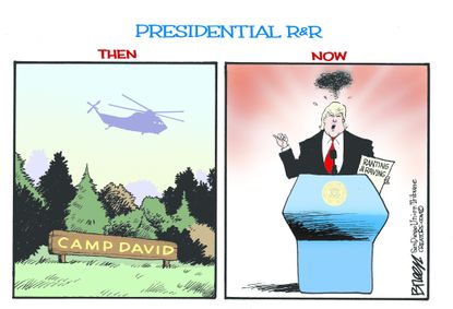 Political Cartoon U.S. Donald Trump Camp David press conference