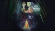 Alex and her friend above a mysterious glowing triangle. Other characters can be seen illuminated by its light