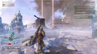 Helldivers 2 Helldiver looking at snowy automaton base getting bombarded by two orbital 380mm HE barrages