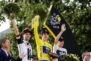 Geraint Thomas (Team Sky) on the final podium at the Tour de France