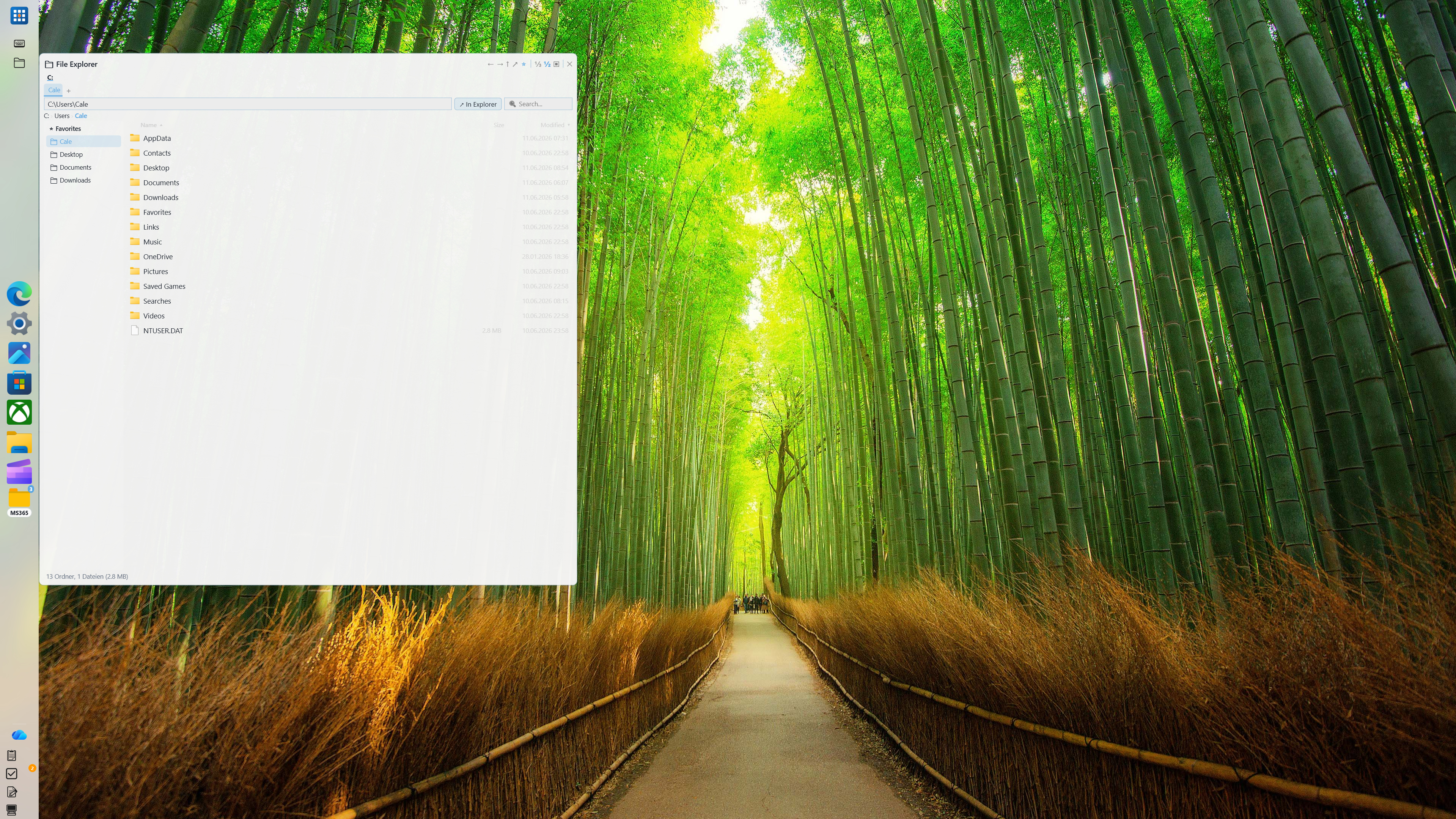 A semi-transparent GroDock File Explorer window over a bamboo forest wallpaper on a computer desktop.