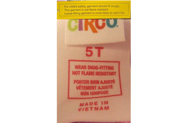 Label and tag on recalled Target children's two-piece pajama sets.