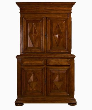 Tall walnut cabinet with four doors and two drawers