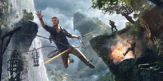 Nathan Drake swings out of harm's way in Uncharted 4.