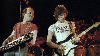 Jan Hammer, playing a keytar, and Jeff Beck performing at the ARMS benefit concert at the Cow Palace in San Francisco on December 3, 1983.