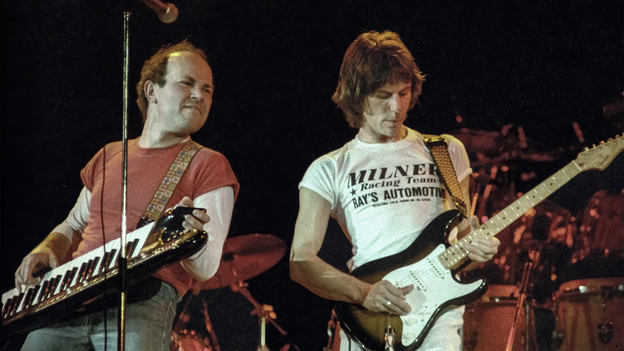 Jan Hammer, playing a keytar, and Jeff Beck performing at the ARMS benefit concert at the Cow Palace in San Francisco on December 3, 1983. 