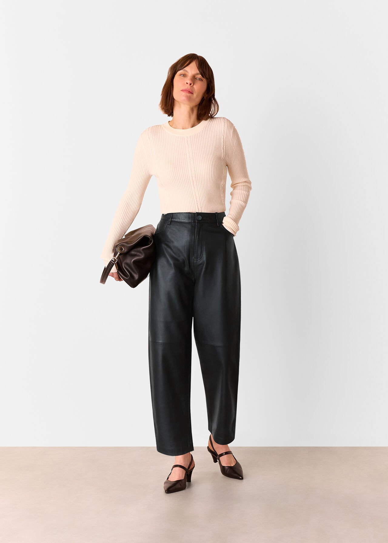 Black Leather Barrel Leg Trouser