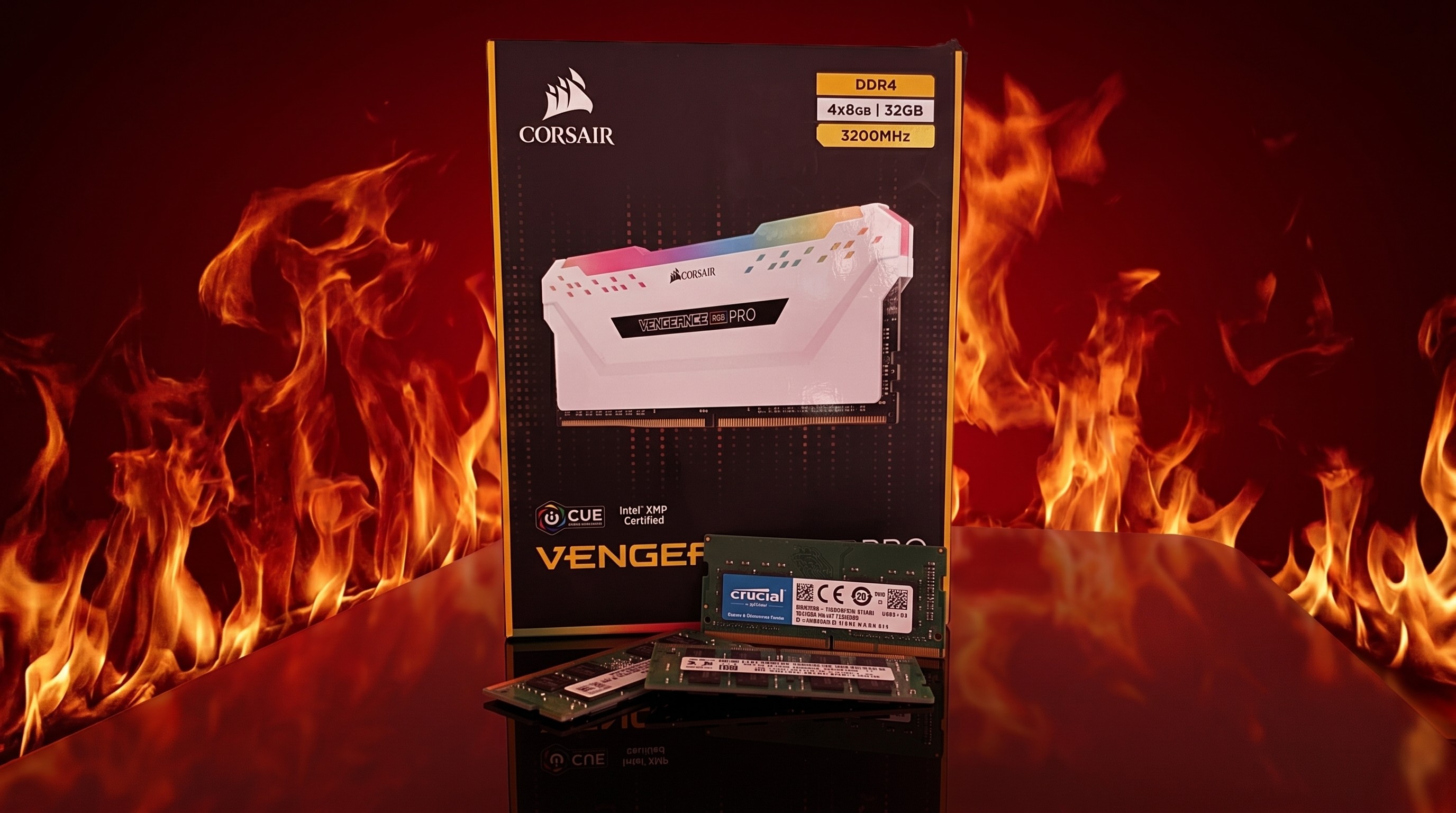 Corsair Vengeance RGB Pro DDR4 RAM package stands before vibrant flames, exuding intensity and power. Crucial RAM sticks lie in front, emphasizing tech prowess.