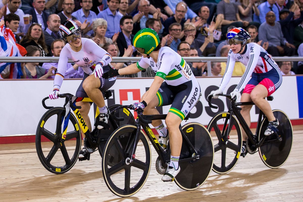 Anna Meares congratulates Kristina Vogel for her victory in the Keirin