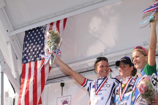 It's all smiles on the podium... (l-r): Brooke Miller (Team Tibco), Teresa Cliff-Ryan (Colavita/Baci Pro Cycling Team) and Kristy Broun (Team Verducci Breakaway Racing) takes