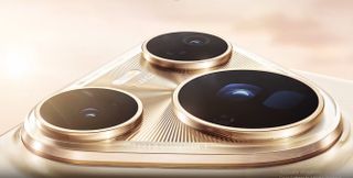 Closeup of the Huawei Pura 80 Ultra's camera unit in warm light