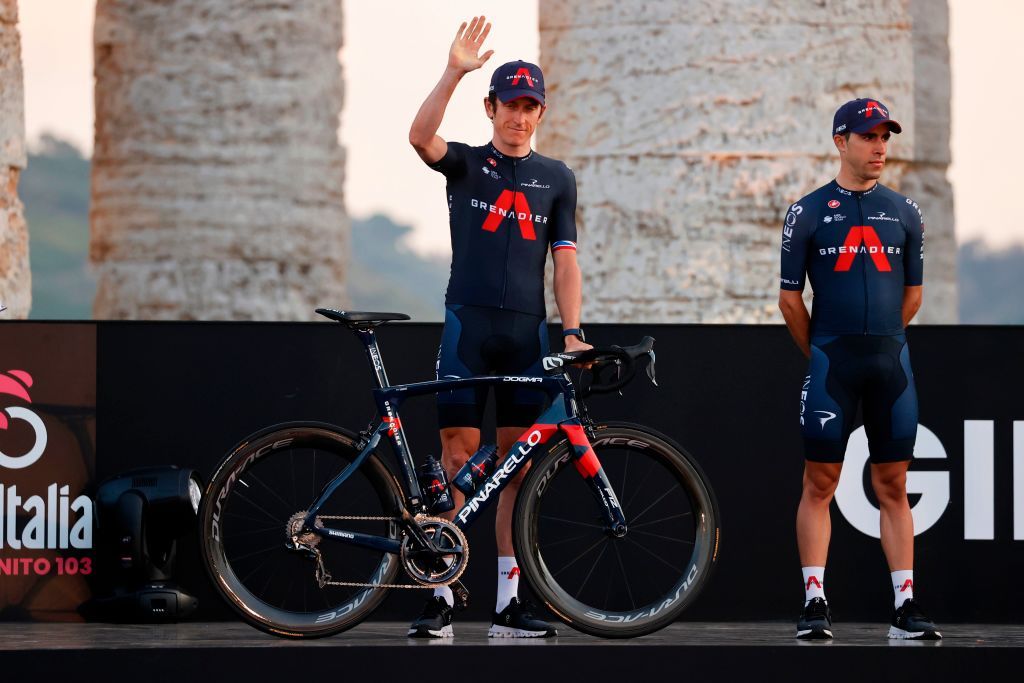 Team Ineos rider Great Britains Geraint Thomas C waves on stage at the Doric Temple of Segesta near Palermo Sicily on October 1 2020 during an opening ceremony of presentation of participating teams and riders two days ahead of the departure of the Giro dItalia 2020 cycling race Photo by Luca Bettini AFP Photo by LUCA BETTINIAFP via Getty Images