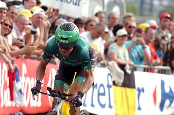 Thomas Voeckler (Europcar) approaches the prologue finish line.