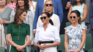 london, england july 13 catherine, duchess of cambridge, meghan, duchess of sussex and pippa middleton in the royal box on centre court during day twelve of the wimbledon tennis championships at all england lawn tennis and croquet club on july 13, 2019 in london, england photo by karwai tanggetty images
