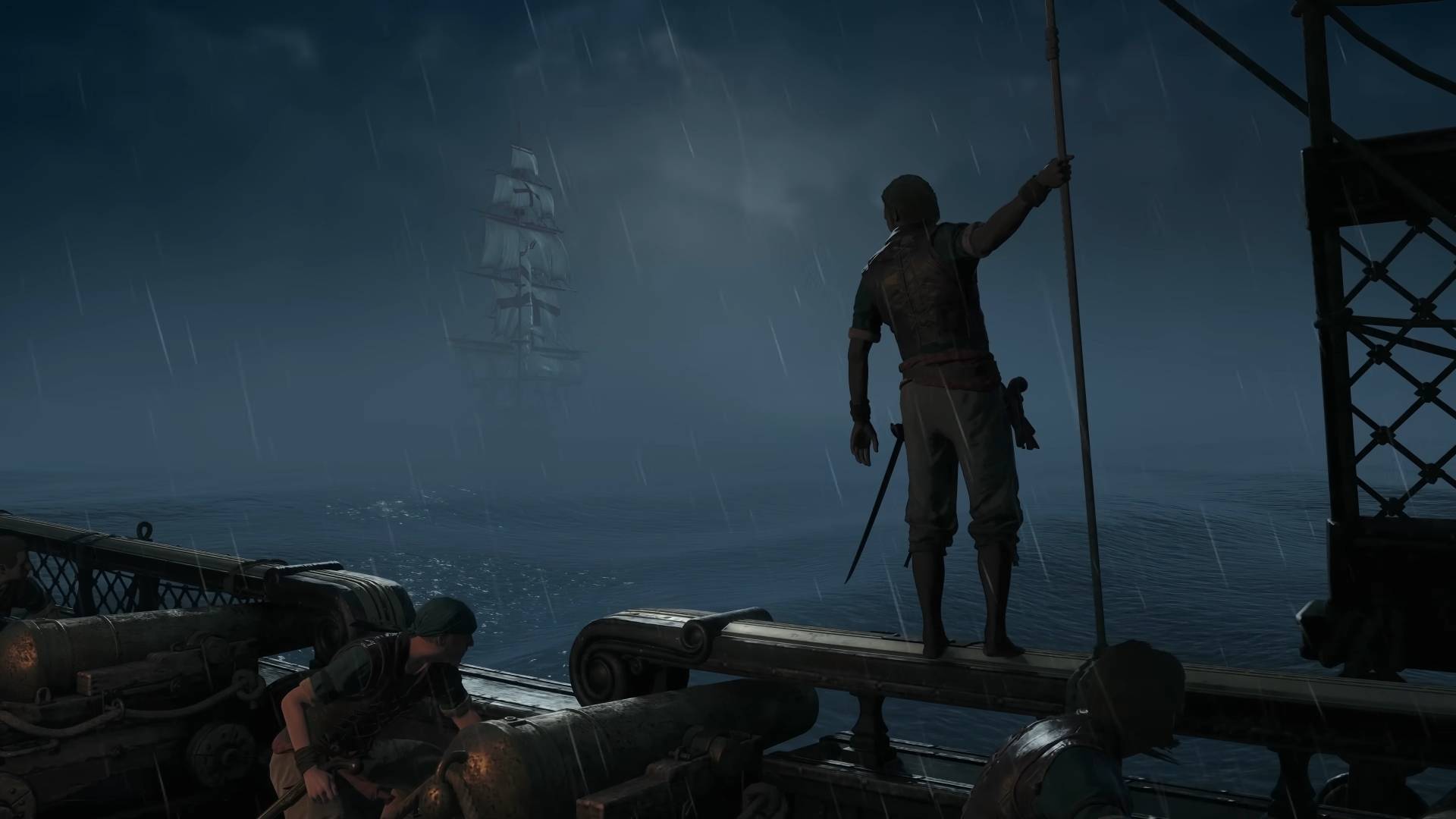 Assassin's Creed Black Flag Resynced screenshot from trailer showing a pirate standing on the edge of a ship holding a rope looking at another ship emerging from fog at night