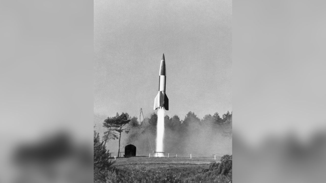 A V2 rocket launching on a test flight in Germany in 1943. The V2s were the direct predecessors of modern intercontinental ballistic missiles