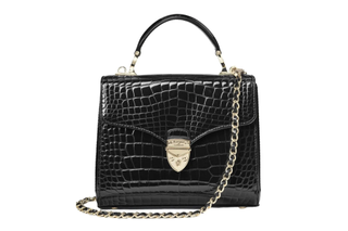 An Aspinal of London Midi Mayfair bag in black shine croc with a chain strap