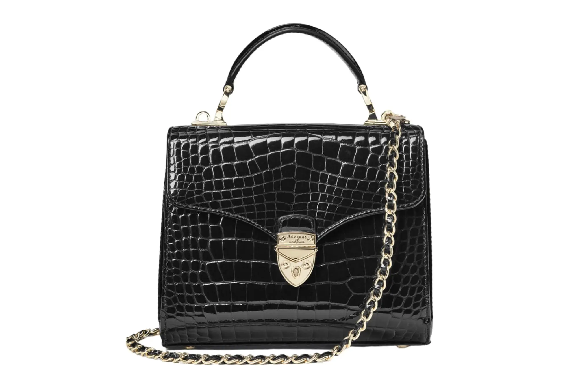 An Aspinal of London Midi Mayfair bag in black shine croc with a chain strap