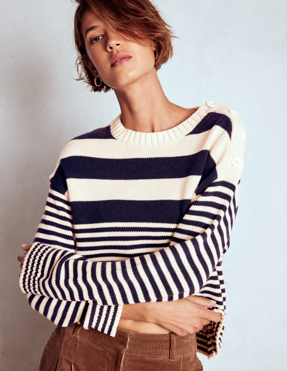 Jemma Chunky Cotton Jumper-Warm Ivory/ Navy