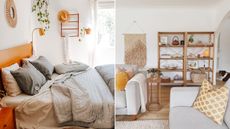 Two pictures of small spaces: one of a bedroom with a gray bed and one of a living room with gray couches