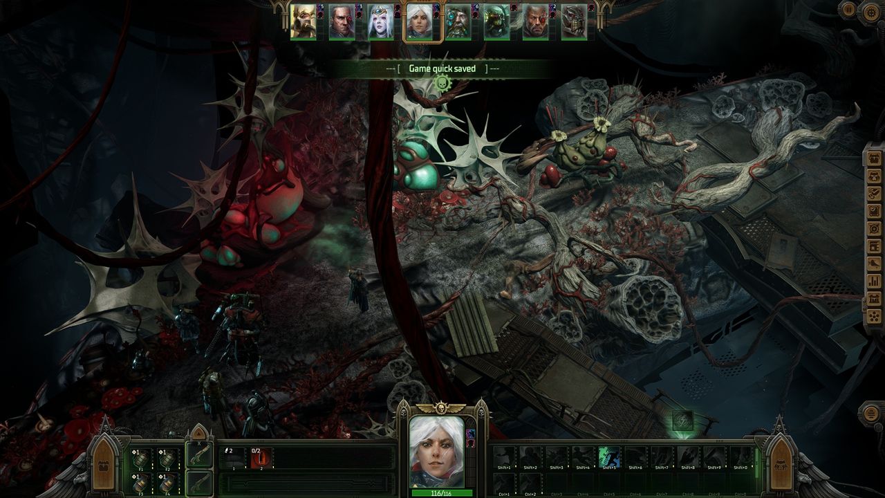 A fantasy game scene features a dark, alien landscape with bio-organic structures. Characters in armor explore amidst red-lit, eerie surroundings.
