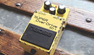 A yellow boss SD-1 Super Overdrive effects pedal