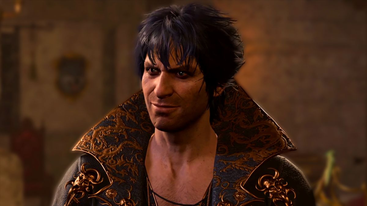 Baldur&#039;s Gate 3 screenshot showing Gortash, a human man with tousled brown hair and shadow-y facial hair, smirking