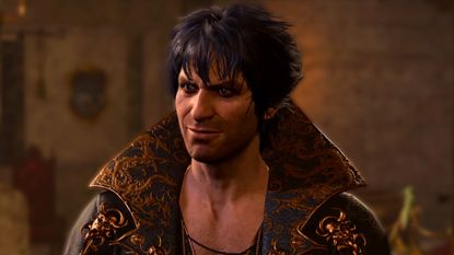Baldur's Gate 3 screenshot showing Gortash, a human man with tousled brown hair and shadow-y facial hair, smirking